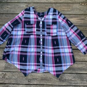 Denim 24/7 soft Cotton plaid blouse feminine style button tab sleeves 20W NEW